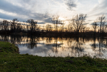 Fototapeta na wymiar Pond with trees mirroing on water ground during autumn sunset