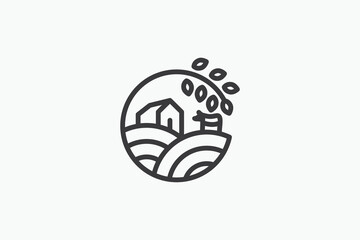 line art farming logo with a combination of barn, field, branch and cow