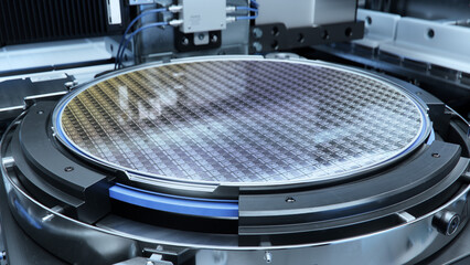 Close-up Shot of a Silicon Wafer inside Photolithography Machine. Shot of Wafer during...
