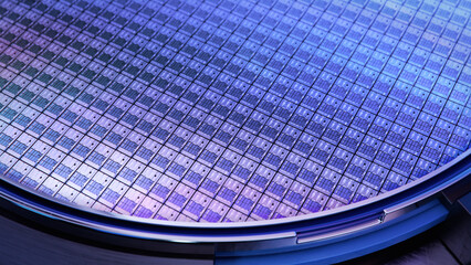 Macro Shot of a Silicon Wafer with Computer Chips during Manufacturing Process at Fab or Foundry....