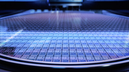 Macro Shot of a Silicon Wafer during Semiconductor and Computer Chip Manufacturing at Fab or Foundry. Semicondutor Wafer Texture. - obrazy, fototapety, plakaty