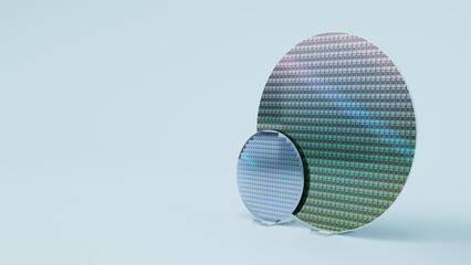 Set of Silicon Wafers of Different Sizes, 300mm and 100mm, on White Background with Empty Space for...