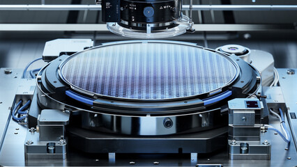 Silicon Wafer during Photolithography Process. Shot of Lithography Process that allows to Create Complex Patterns on a Wafer during Semiconductor and Computer Chip Manufacturing at Fab or Foundry. - obrazy, fototapety, plakaty