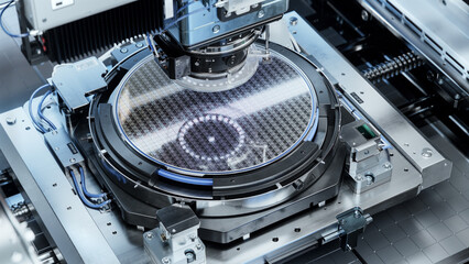 Silicon Wafer inside Photolithography Machine. Shot of Lithography Process that allows to Create Complex Patterns on a Wafer during Semiconductor and Computer Chip Manufacturing at Fab or Foundry. - obrazy, fototapety, plakaty