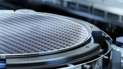 Silicon Wafer during Photolithography Process. Macro Shot of Lithography Process that Printing...