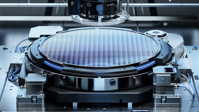 Silicon Wafer during Photolithography Process. Shot of Lithography Process that allows to Create Complex Patterns on a Wafer during Semiconductor and Computer Chip Manufacturing at Fab or Foundry.