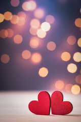 Pair of red hearts against festive light background for Valentine day greeting card.