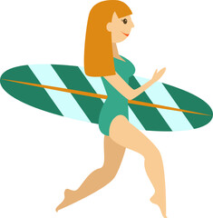 Redhead girl in bikini with surfer board beach summer illustration