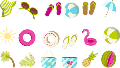 Clipart with icon pack of summer beach accessories and fruits
