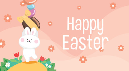 Cute cartoon easter bunny holding pile of colorul easter eggs with flowers. Easter sales banner or backgroud poster, adorable cartoon greeting card for Easter with baby rabbit.