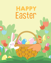 Easter bunny and chicken holding wicker basket of eggs vector illustration poster. Easter springtime sales template background with cute cartoon characters.