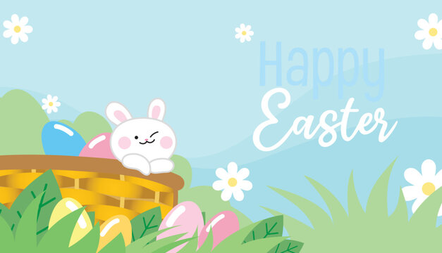 Cute easter baby bunny and eggs in a wicker basket in grass with flowers. Springtime banner for easter sales, egg hunt adorable cartoon drawing vector.