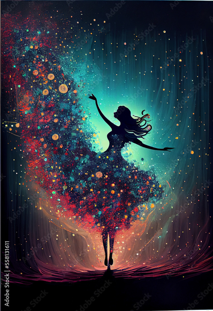 Wall mural girl dance silhouette in the colorful sparkling dust powder and glitter on black background, generat