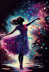 Girl dance silhouette in the colorful sparkling dust Powder and Glitter on Black Background, Generative Ai of Girl Dance Silhouette