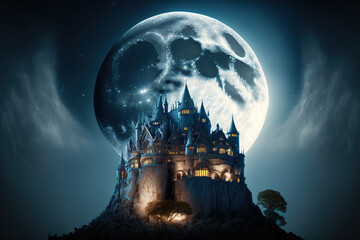 Surreal majestic castle on the background of the planet. Fantastic space background in blue shades. Gen Art