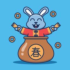 Cute bunny in a barrel with chinese new year theme. New year rabbit vector illustration.