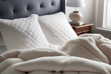 A thick, quilted comforter, with a warm, cozy feel and a soft, textured surface. The comforter is paired with fluffy, textured pillows, creating a relaxing and inviting bedtime setup - Generated AI