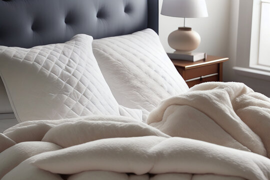 A thick, quilted comforter, with a warm, cozy feel and a soft, textured surface. The comforter is paired with fluffy, textured pillows, creating a relaxing and inviting bedtime setup - Generated AI