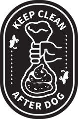 Hand holding bag with dog poop, please keep clean after your pet, pick up and take out.  Black and white decorative style line vector icon. Sticker.