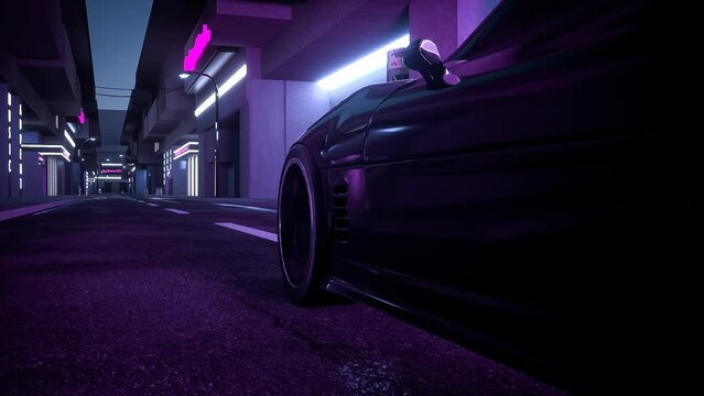 Car animation from left side on neon city and wet asphalt 3D rendering