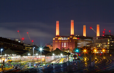 Battersea Power Station with the railway tracks in front