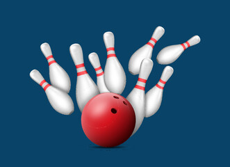 Red bowling ball hitting skittles, realistic dynamic set. Element fconcept. 3d vector illustration