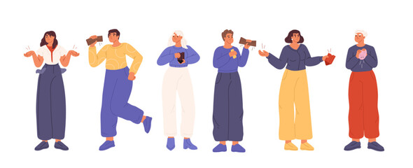 Set of people with no money. Poor men and women hold empty wallets, have no savings, income