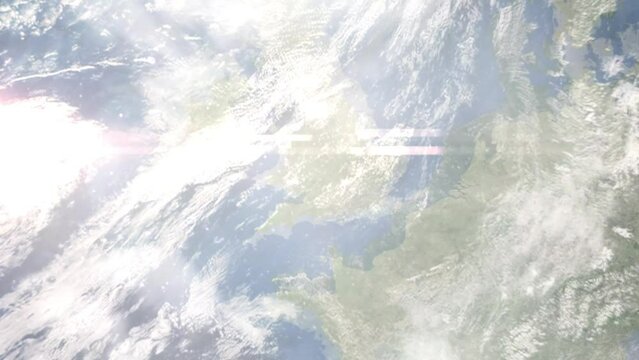 Earth zoom in from outer space to city. Zooming on Gloucester, UK. The animation continues by zoom out through clouds and atmosphere into space. Images from NASA