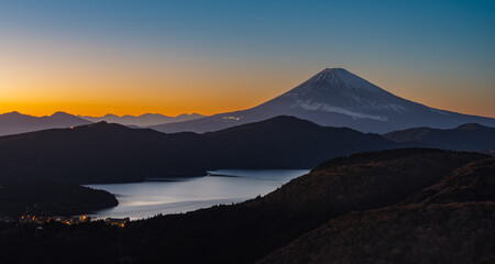 Mountain Lake with Mt. Fuji after Sunset