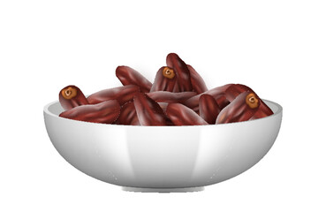 Sweet date fruits realistic in white porcelain bowl. Healthy dried dessert for vegetarian nutrition