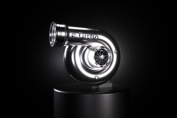 Turbocharger on black background 3D rendering