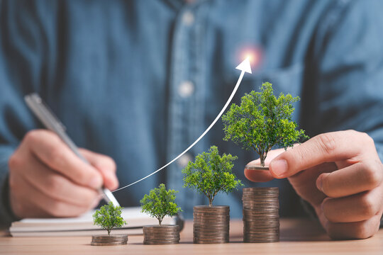 Businessman holding trees growing on increasing coins stacking for money saving and deposit growth from investment profit , Financial banking concept.