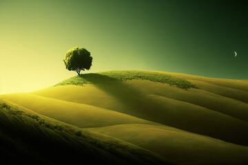 Landscape of a hill with a tree while sunrise