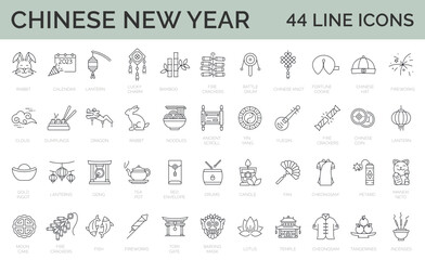 Set of 44 Chinese New Year line  icons. outline editable stroke icons collection. traditional chinese holiday topic. Vector illustration
