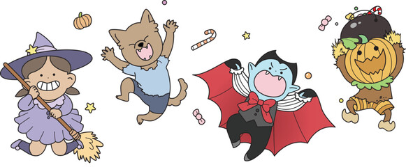 Set of cute halloween kids vector. Children dressed as witch, werewolf, vampire and pumpkin Jack. Trick or treat kids asking for candies.