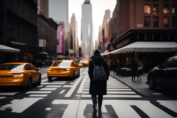 Man walking in New York City in the afternoon, view from behind with traffic