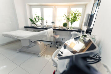 Shot of an inside of a beauty salon. Blurred foreground. Beauty concept. High quality photo