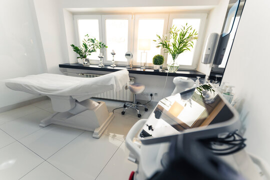 Shot of an inside of a beauty salon. Blurred foreground. Beauty concept. High quality photo