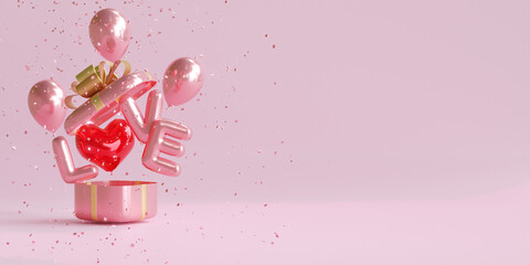 love balloons popping out from giftbox. 3d illustration
