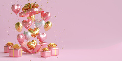 Heart Shaped Balloons popping out from giftbox. 3d illustration