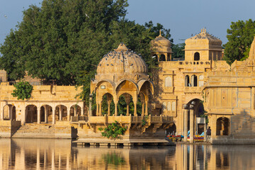Fototapeta premium The Beautiful Morning View Gadisar Lake, built by the founder king of Jaisalmer Rawal Jaisal. Jaisalmer, Rajasthan, India.