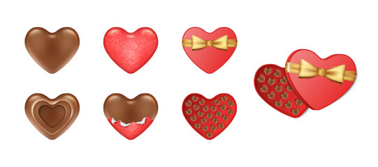 Set of chocolate candies for Valentines Day gift. Realistic dessert collection with heart pralines