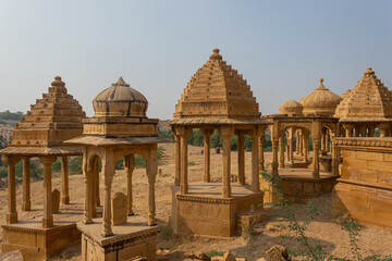 The Beautiful Architecture of Bada Bagh, The Royal Cenotaphs of Jaisalmer King, Golden Marble Architecture, Jaisalmer, Rajasthan, India. 