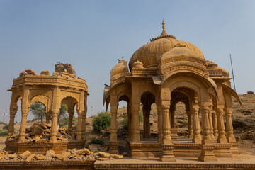 The Beautiful Architecture of Bada Bagh, The Royal Cenotaphs of Jaisalmer King, Golden Marble Architecture, Jaisalmer, Rajasthan, India. 