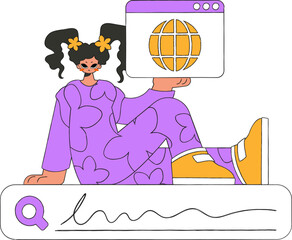 The girl sits on the search line and holds a browser window in her hands. Search for the necessary information on the Internet. Linear retro style character.