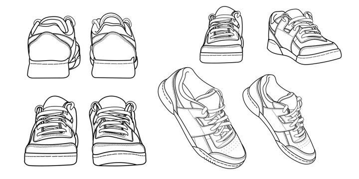 Set of hand drawn sneakers, gym shoes, top view. Image in different views - front, back, top, side, sole and 3d view. Doodle vector illustration.