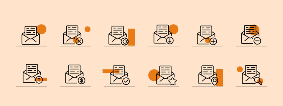 Letter icon set. Envelope, mail, stamp, email, mailbox, sms, message, blacklist. Communication concept. Pastel color background. Vector line icon for business