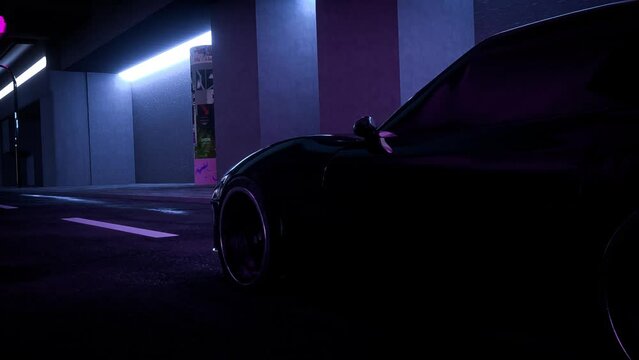Black car loop on the street in the neon city with flying camera action