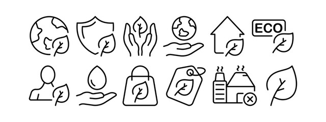 Leaves icon set. Tree, greenery, leaf fall, forest, leaf, chlorophyll, greenpeace, nature conservation. Nature concept. Vector line icon on white background