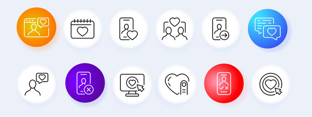 Communication set icon. Dating site, phone, networking, swipe, like, dislike, dating, sms. feedback concept. Neomorphism style. Vector line icon for Business